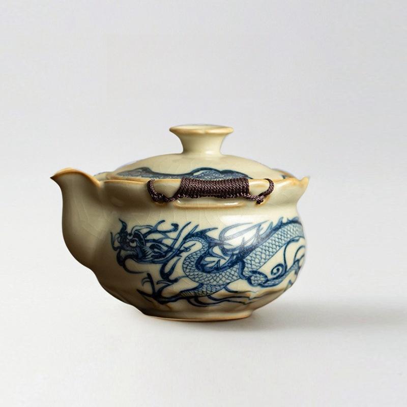 200ml Ru Kiln Blue and White Dragon Pattern Porcelain Teapot High-End Tea Bowl Tea Ceremony Set Hand-Held Teapot KungFu Tea Set