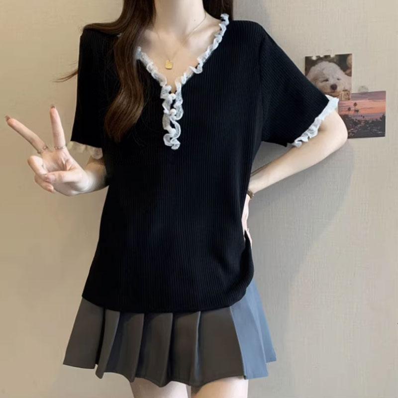 Fashionable Ruffles Spliced Pullovers Women's Clothing Solid Color Basic Summer Lace V-Neck Korean Short Sleeve Loose T-shirts
