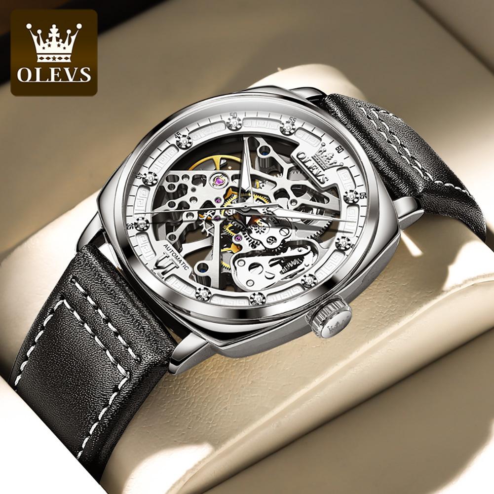 OLEVS 6651 Men's Watches Hollow Square Dial Leather Strap Business Men Wristwatch Original Luxury Brand Men's Wristwatches