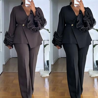 Women V Neck Asymmetric Blazer And Wide Leg Pants Set Elegant One Button Ruffle Sleeve Office Wear Tracksuit