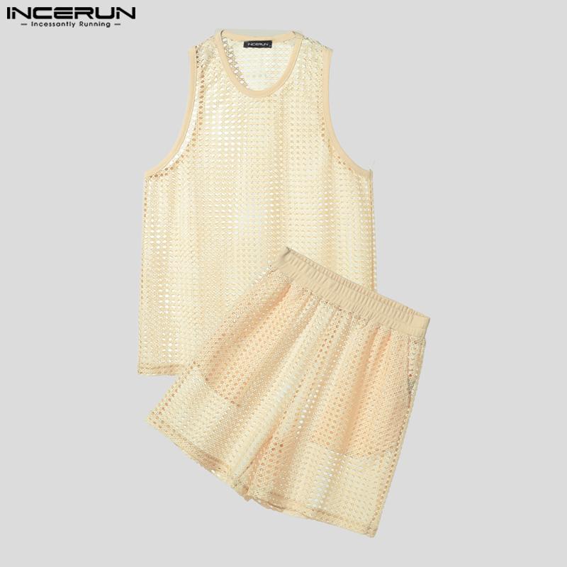 INCERUN Zweiteilige Herren Hollow Ärmellose Tanktops und Shorts Strandoutfits Sets 2PCS