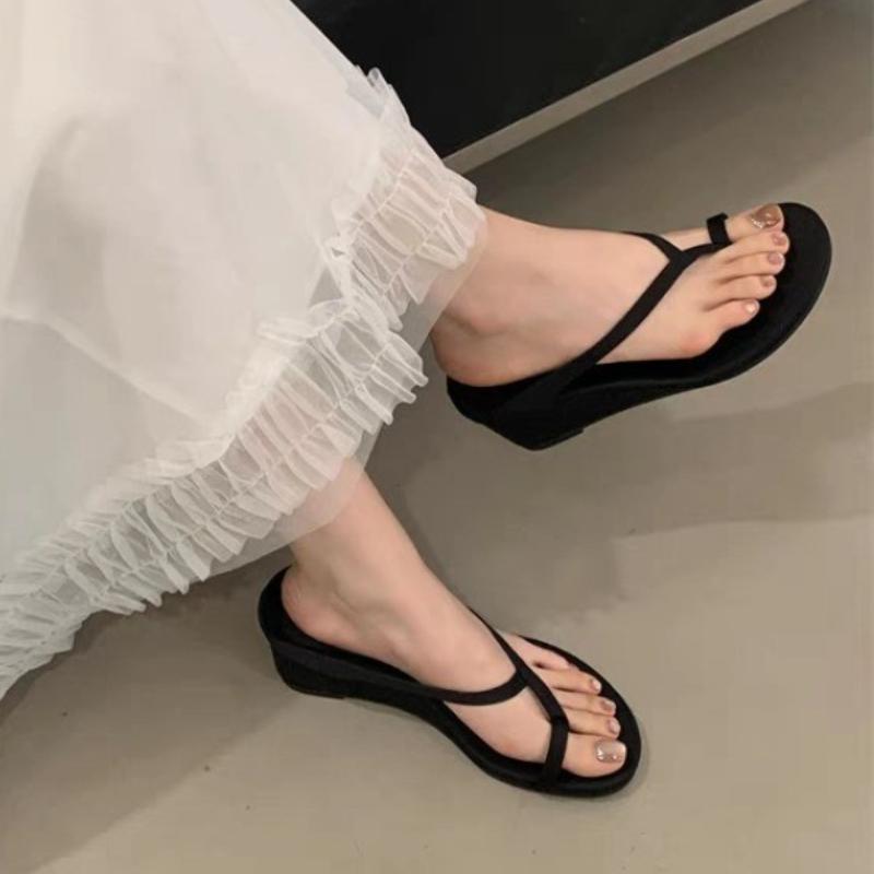 Fashion Genuine  Toe Strap Clip On Flip Flops Women 2025 Summer New Style with Thick Heel and Small Wedge Heel Sandals Slippers