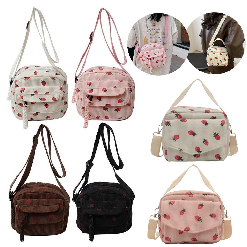 Cute Strawberry Trendy Crossbody Bag Corduroy Messenger Bag Casual Zipper Underarm Bag for Women Travel Work Shoulder Bag