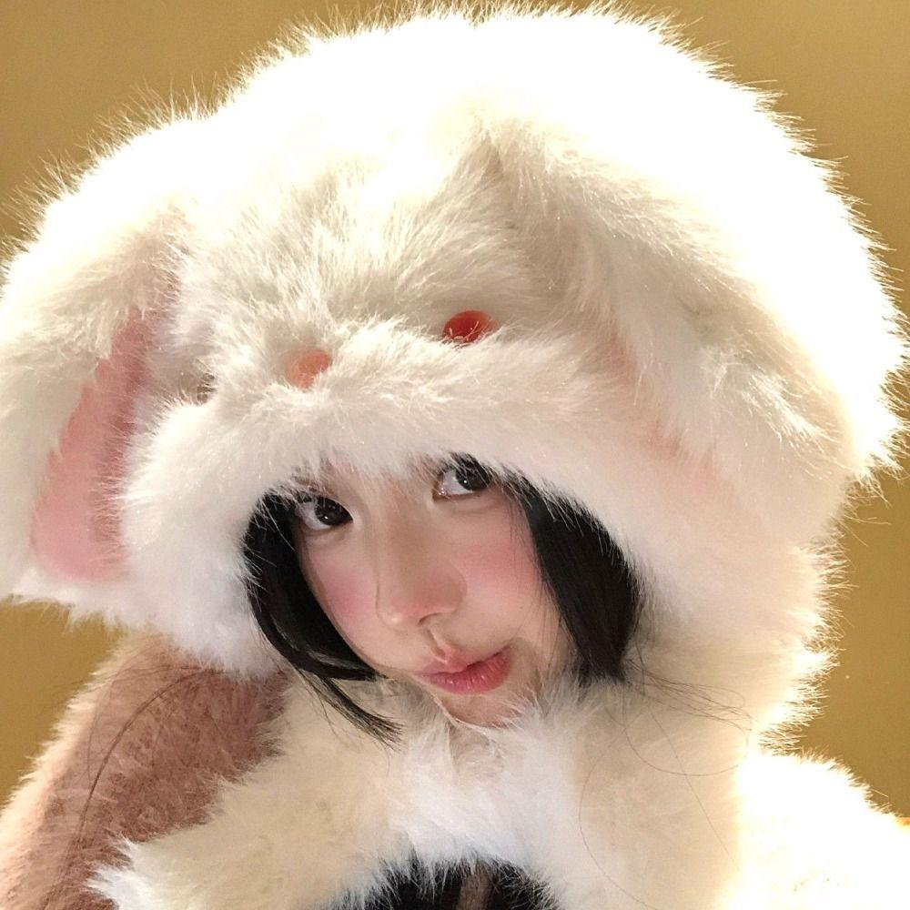 Anti-cold Winter Plush Hat Windproof Fluffy Ear Protection Cap Cute Rabbit Ears Warmer Hat Autumn