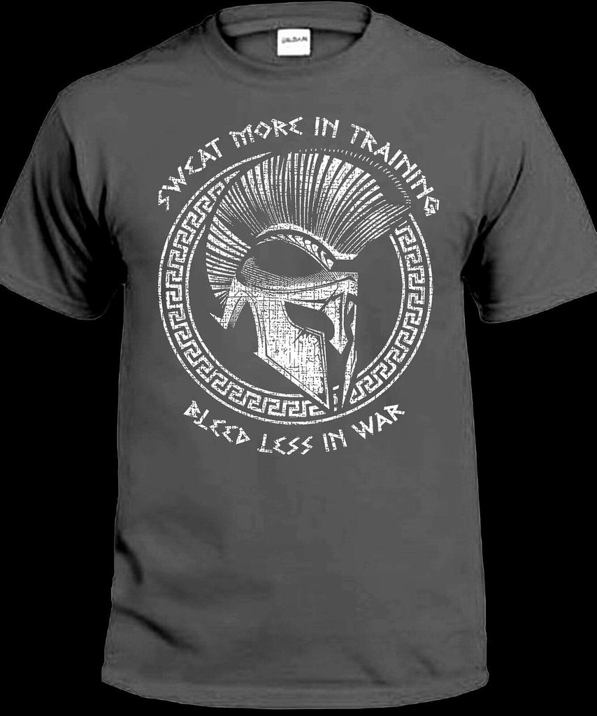 Sweat More in Training Bleed Less in War Spartan Helmet Gym Workout TShirt 100 Cotton ONeck Short Sleeve Casual Mens Tshirt