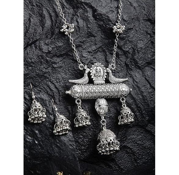 Women's Latest Stylish Design Fancy Oxidised Silver Afghani Chain Pendant Earrings Necklace Jewellery Set