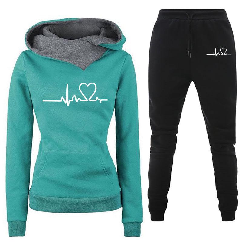 Women's Heartbeat Print Hoodie & Sweatshirt Sportswear Set - Spring/Autumn Casual Style