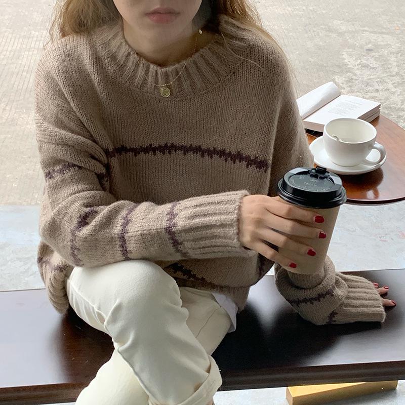 2023 Retro Japanese Striped Half-High Collar Sweater for Women: Thick, Loose, and Long-Sleeved for Autumn and Winter