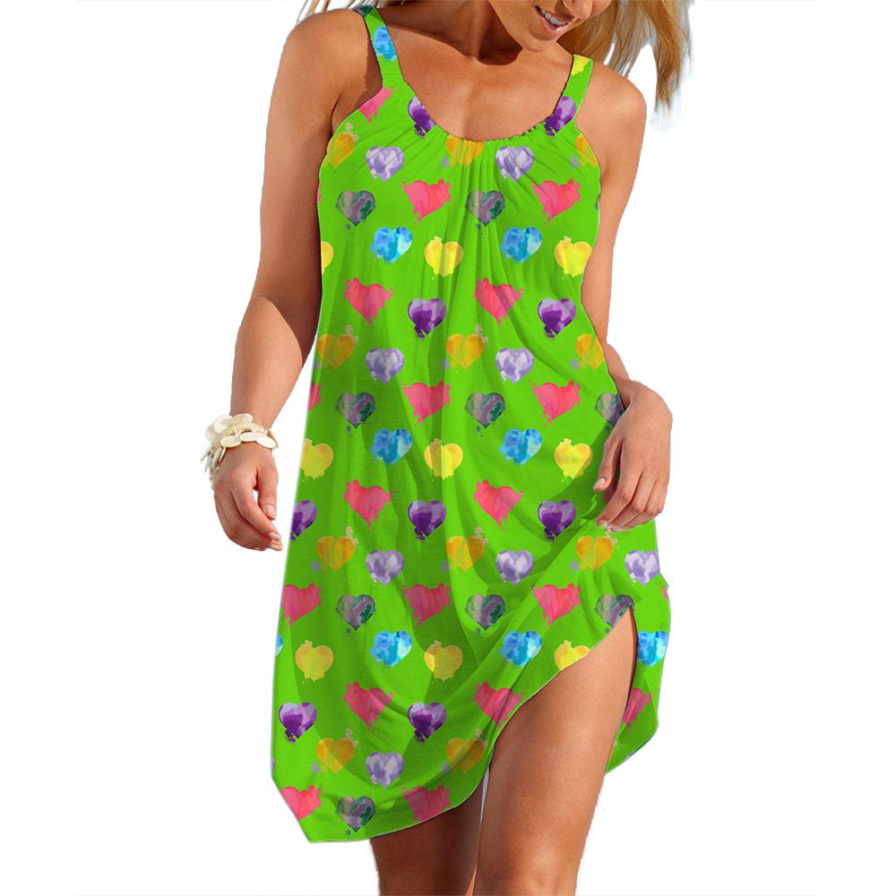 Women's A-line Slip Dress Daily Wear Colorful Heart Graphic Clothing Female Casual Clothes Sale Woman Loose Lady Soft Dresses