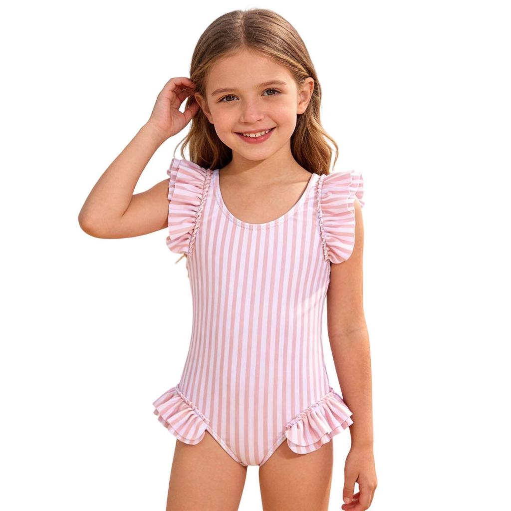 Girls One Piece Swimsuit Ruffle Detail Sleeveless Striped Pattern Swimwear Kids Beachwear Suitable for Swimming and Water Activities