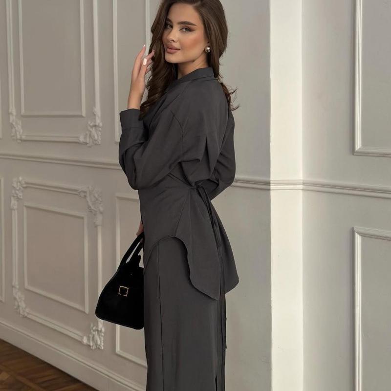 2025 Autumn European & American Fashion Tie-Up Long Sleeve Soft Two-Piece Set for Women