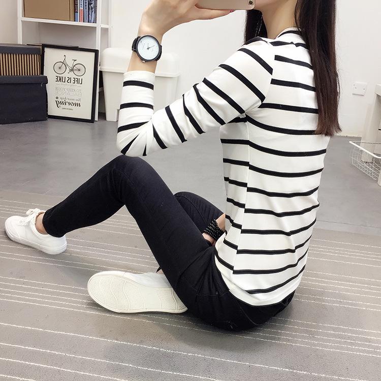 2025 Korean V-Neck Striped Slimming Long Sleeve Women's T-Shirt - Spring/Autumn