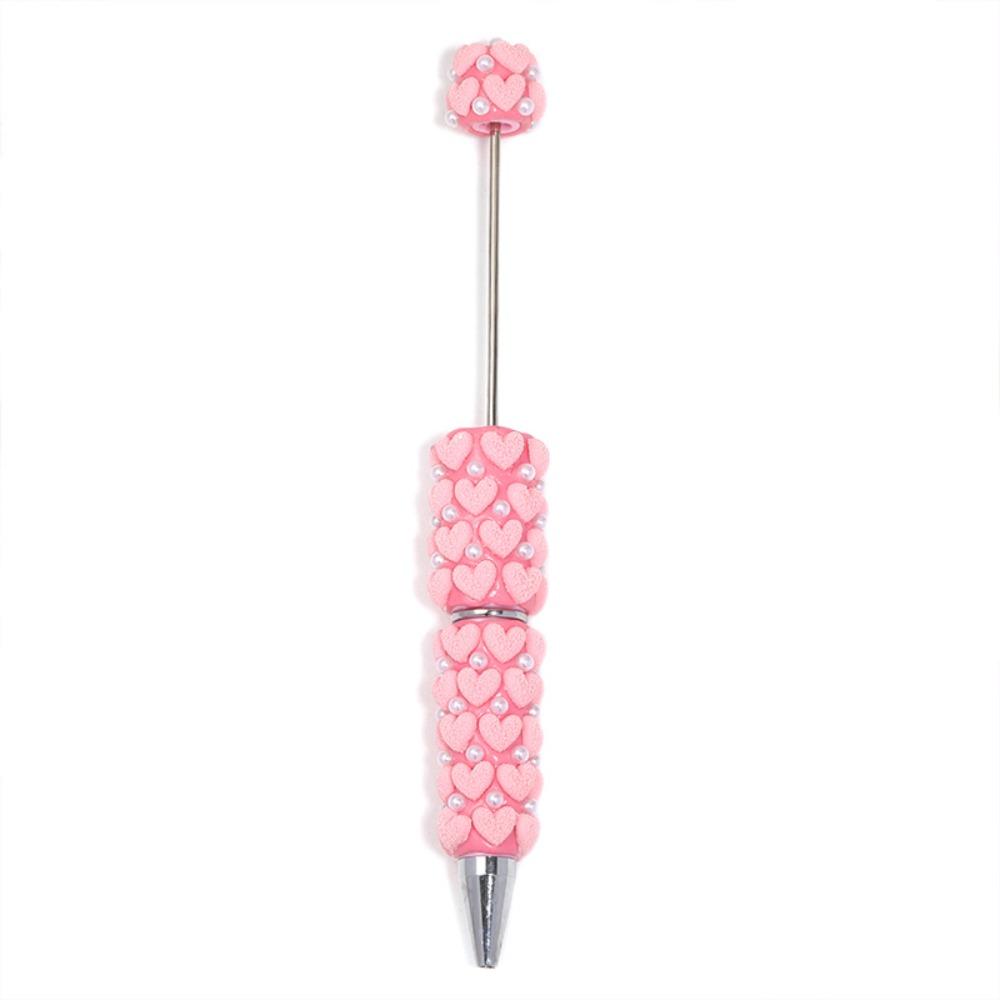 Pearl DIY Clay Heart Bead Pen Full Diamond Smooth Writing Flocked Heart Beaded Pen Handmade Glitter Bead Beaded Ballpoint Pen