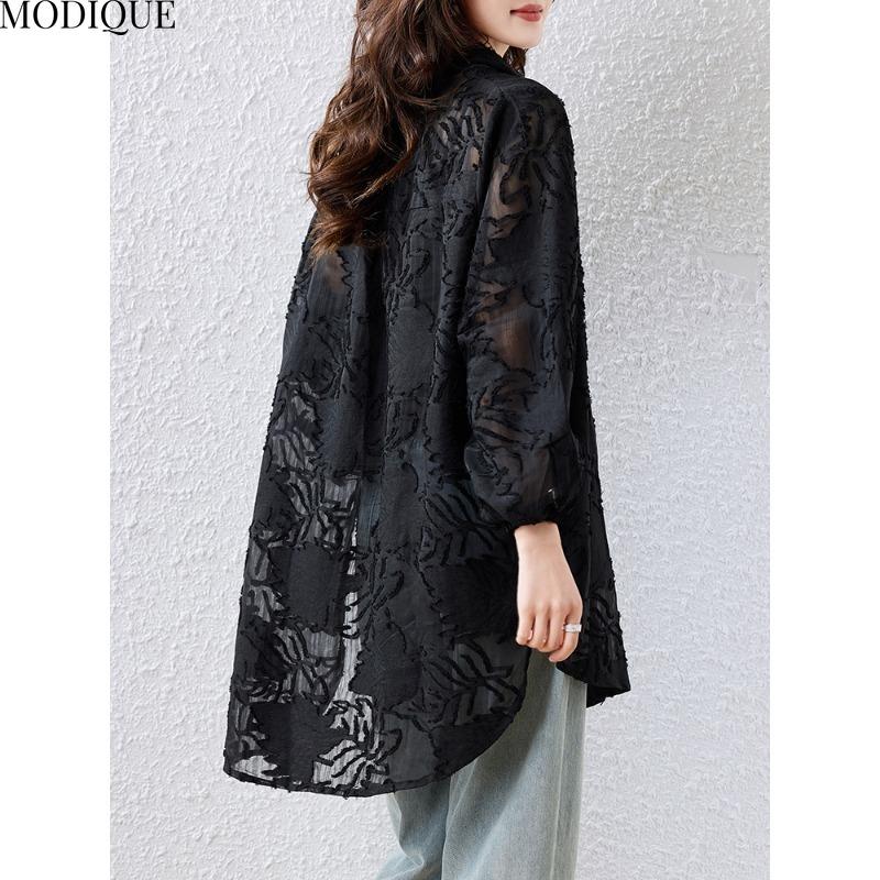 MODIQUE Vår Sommer Pluss Størrelse Ny Dame Løs Vintage Chiffon Prikket Trykk Bluse Skjorter Kvinnelig Casual Oversize Langermet V-Hals Topp Svart