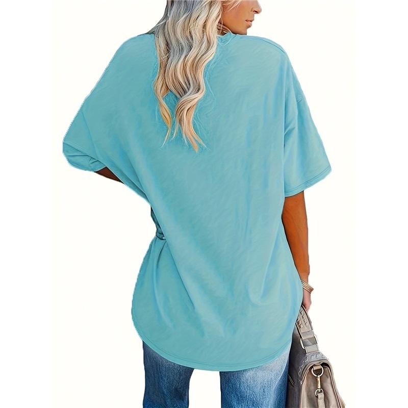 Camiseta para Mujer Verano Talla Grande Manga Corta Color Sólido Cuello Redondo Casual Elástica Ajuste Holgado Camiseta