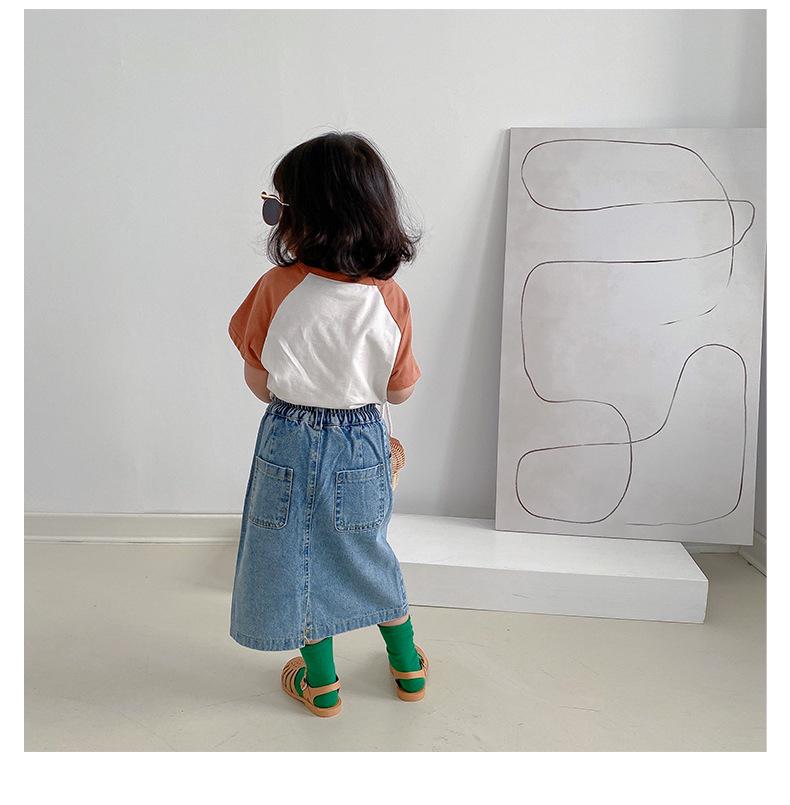 Girls' 2025 Summer Color Block Cartoon Print Cotton T-shirt, Round Neck, Short Sleeve