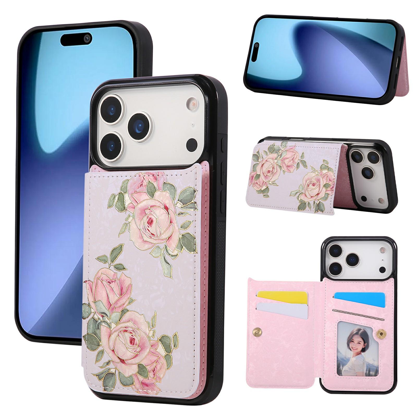 

For iPhone 17 Pro Max Case Flower Leather TPU RFID Blocking Phone Cover Card Slots Rose Flower