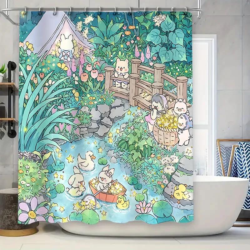 

Adorable Animal Bath Curtain for Kids and Adults - Cute Bunny and Duck Cartoon Shower Liner Waterproof Durable Non-Toxic W90xH180cm