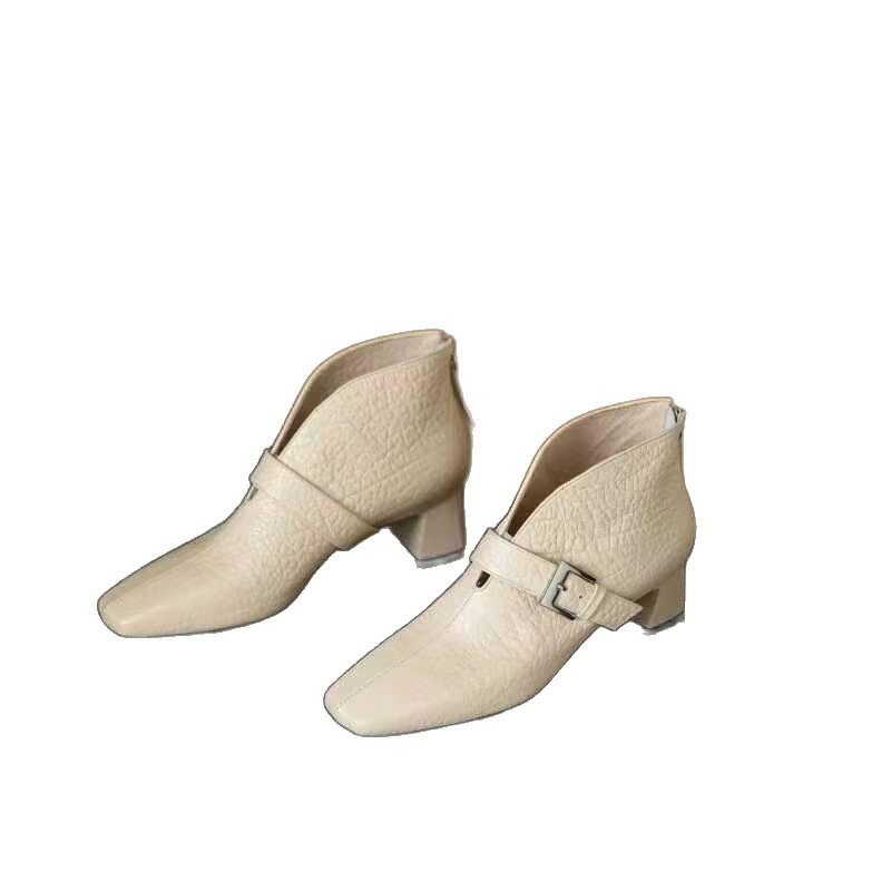 Small square head short boots women's thick heel 2025 autumn and winter new British style soft leather boots versatile retro high heel thin boots