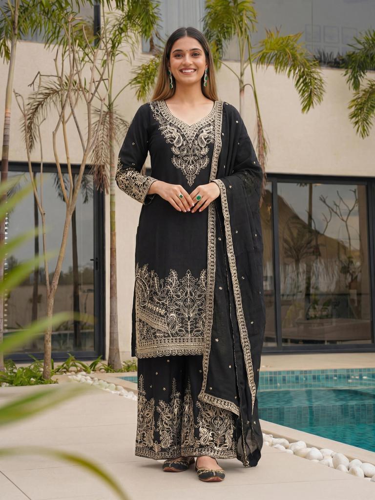 Ensemble Salwar Kameez Palazzo Sharara Salwar Designer Femme Soie Chinon Indien Bollywood