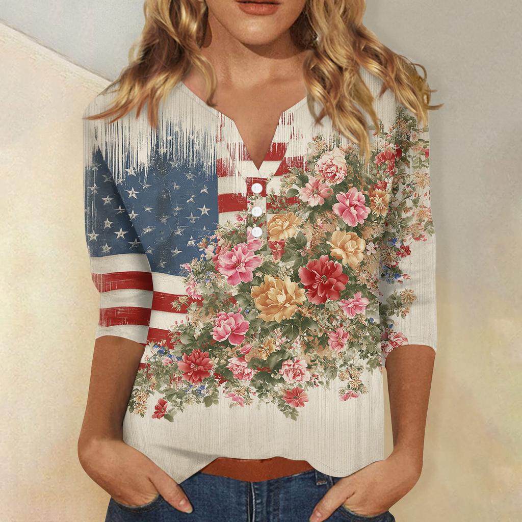 Women's T Shirt Independence Day Print Button 3/4 Sleeve Daily Weekend Fashion Basic V- Neck Regular Top