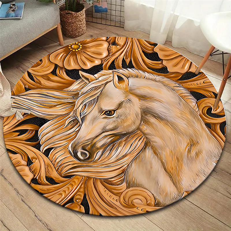 elegant horses Round Area Rug,Carpet Rug for Living Room Bedroom Sofa Playroom Decor,Non-slip Floor Mat