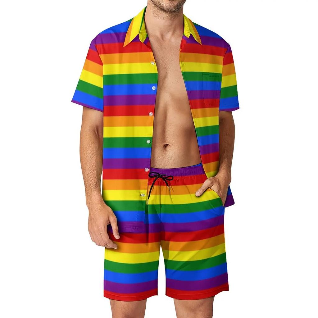 Conjuntos de Camisetas Arcoíris Impresión 3D para Hombre Moda Casual Manga Corta Camisas Pantalones Cortos Oversize Ropa de Calle Hawaiana Trajes Ropa