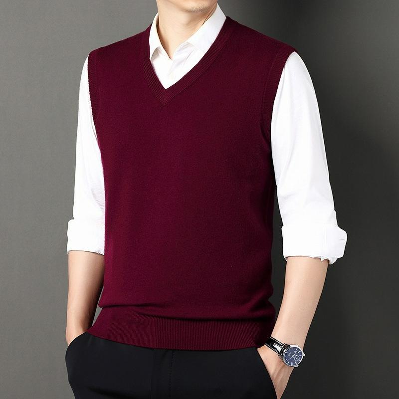 Wool Men's Autumn and Winter Thickened Vest Sleeveless Chicken Heart Collar Sweater Wool Vest Men