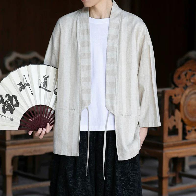 Novo Cardigã de Linho Masculino Estilo Chinês Masculino Manga 3/4 Solto Abertura Frontal Camisa Masculina Roupa Tradicional Verão Tops Hanfu
