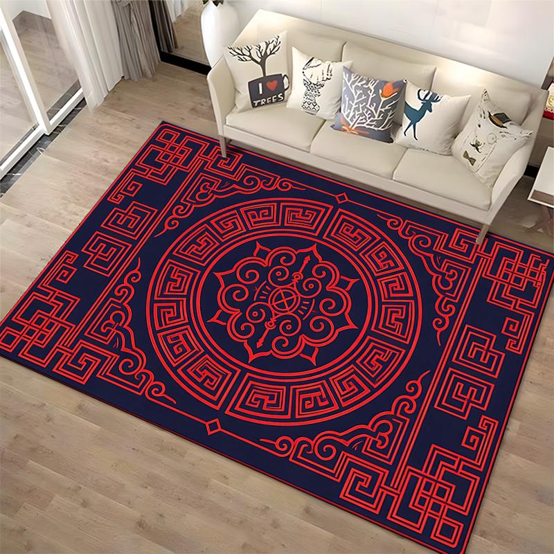 Geometric Red Pattern Carpet, Black Background, Modern Oriental Style Suitable for Use As an Anti-slip for Living Room Bedroom Sofas