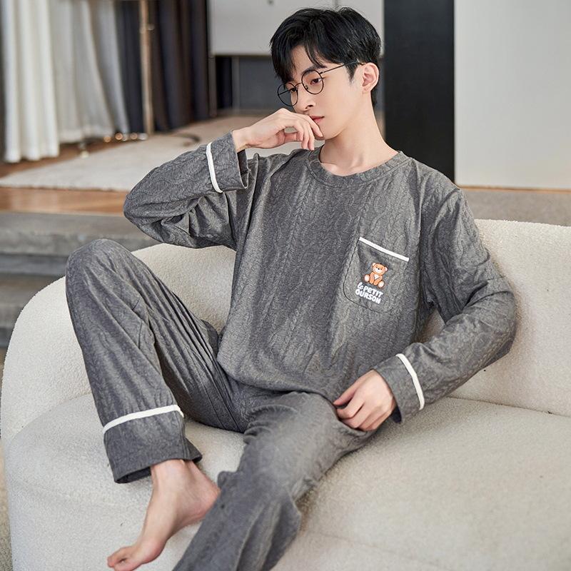 Cotton Nightwear for Men 2 Pieces Set Pajamas Spring Long Sleeves Sleeping Tops Trousers Sleepwear