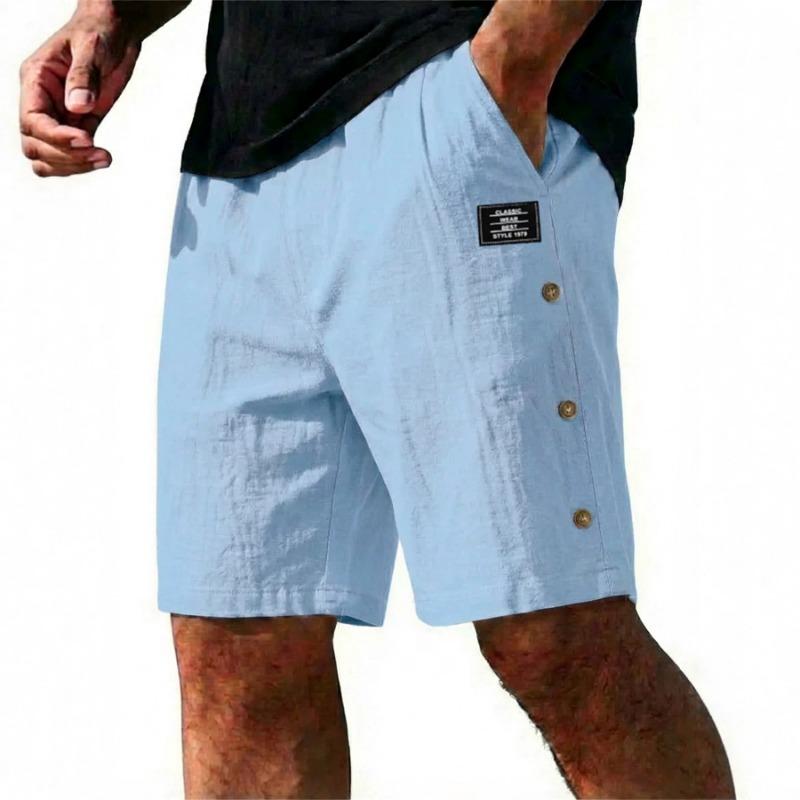 Mens White Linen Blend Casual Shorts with Buttons and Label S синий
