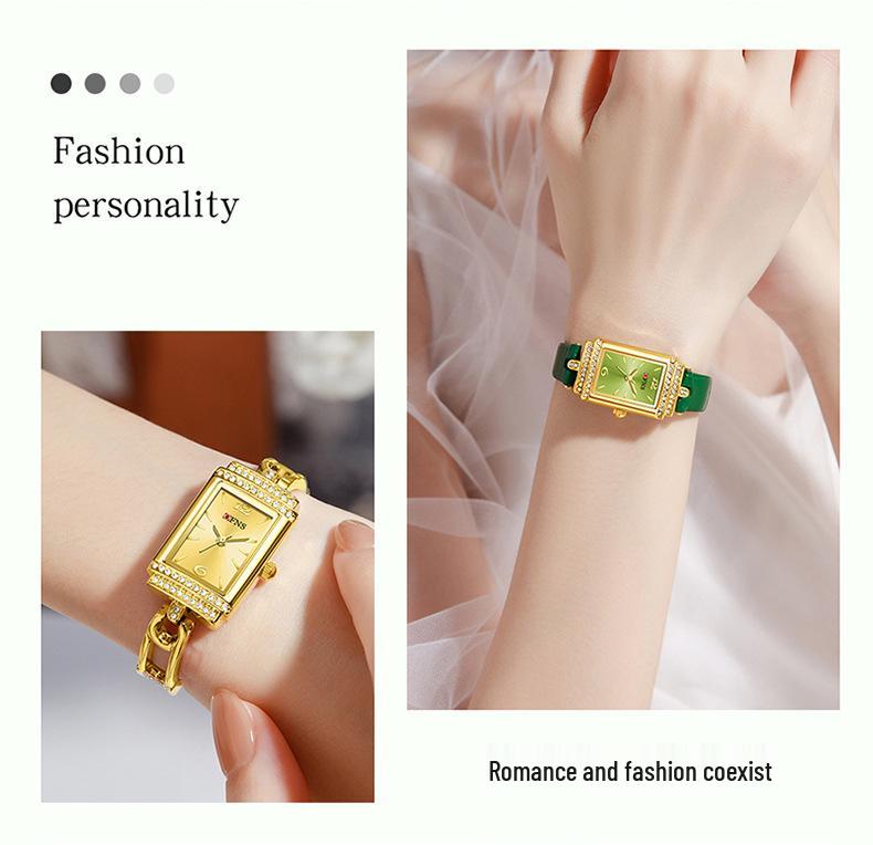 OFNS Women's Luxury Square Leather Strap Watch - Waterproof Quartz with Diamond Detailing