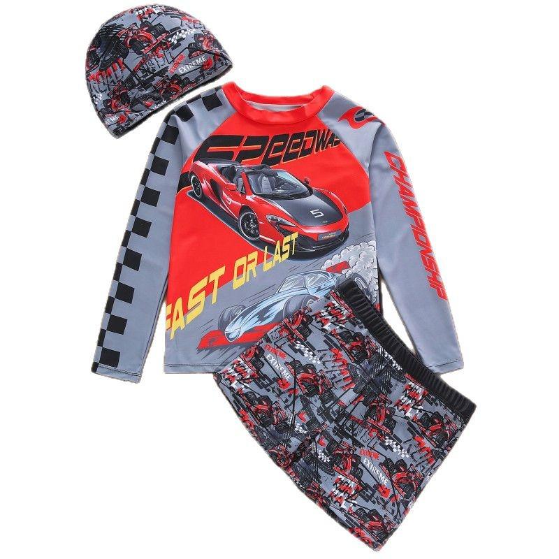 2026 Boys' Long Sleeve Racing Print Swimsuit with UPF50+ Sun Protection