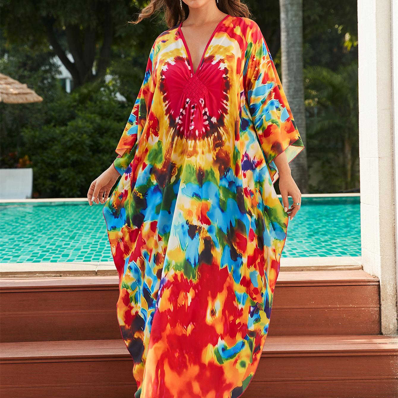 

YYFS женская мода отпуск лето весна цвет блок принт с длинным рукавом v-образным вырезом повседневные платья One Size