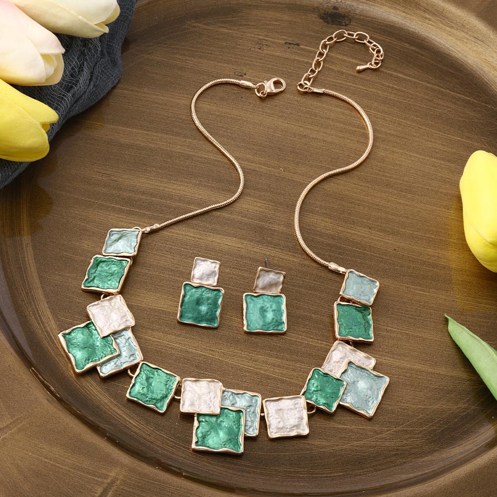 

Fashion Drip Oil Square Necklace and Earrings Set for Women Accessories New Trendy Gold Color Jewelry Sets Daily Party Prom Gift 42cm plus 6cm