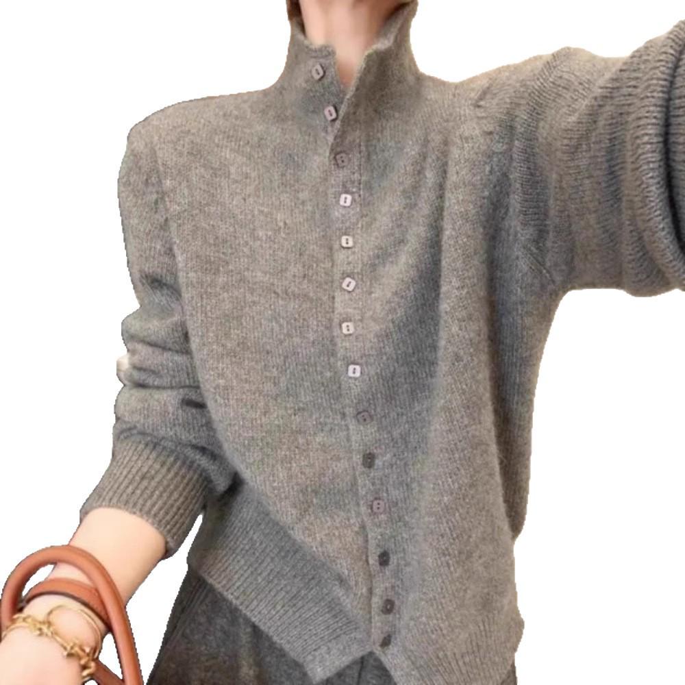 Elegant 100% Wool Stand Collar Sweater Cardigan for Women - Chic & Age-Reducing Style