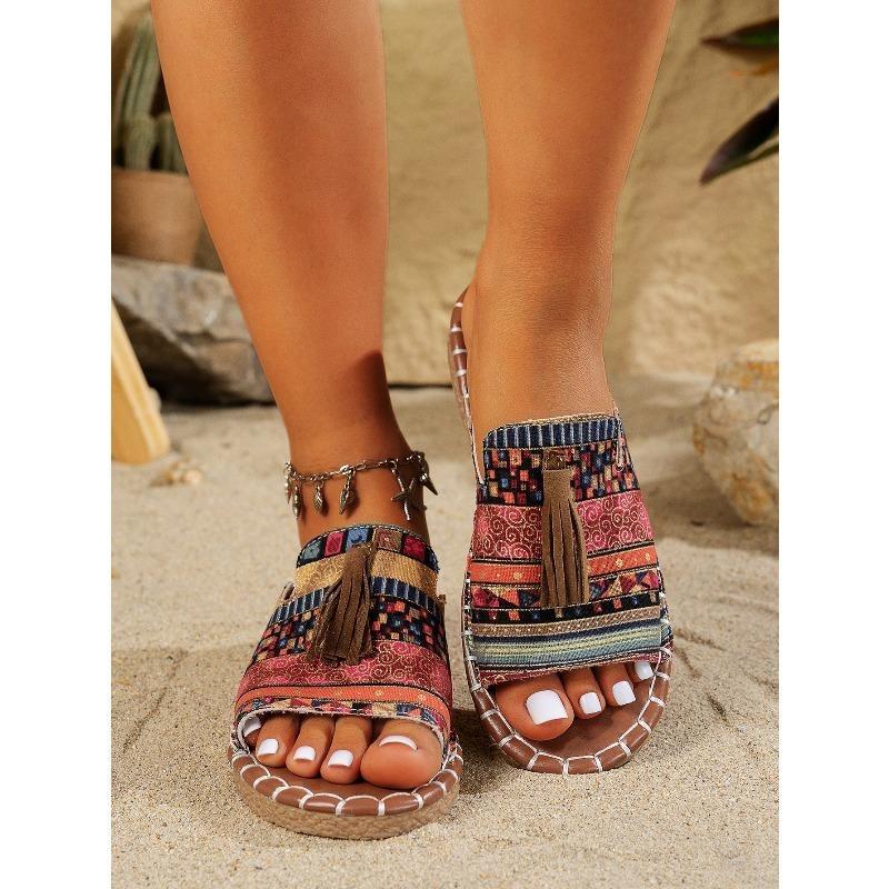 Bohemian Flat Sandals for Women - 2025 Summer New Fringe Design - Size 43 Beach Sandals