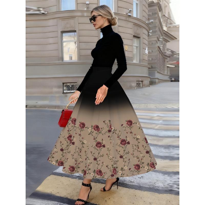 Women's A-Line Midi Skirt with Gradient Black Burgundy Rose Print Vacation Style High Waist Pleated Summer Skirt for Ladies