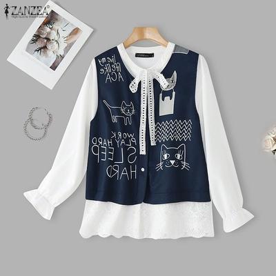 Women Casual Round Neck Splice Long Sleeve Print Blouse