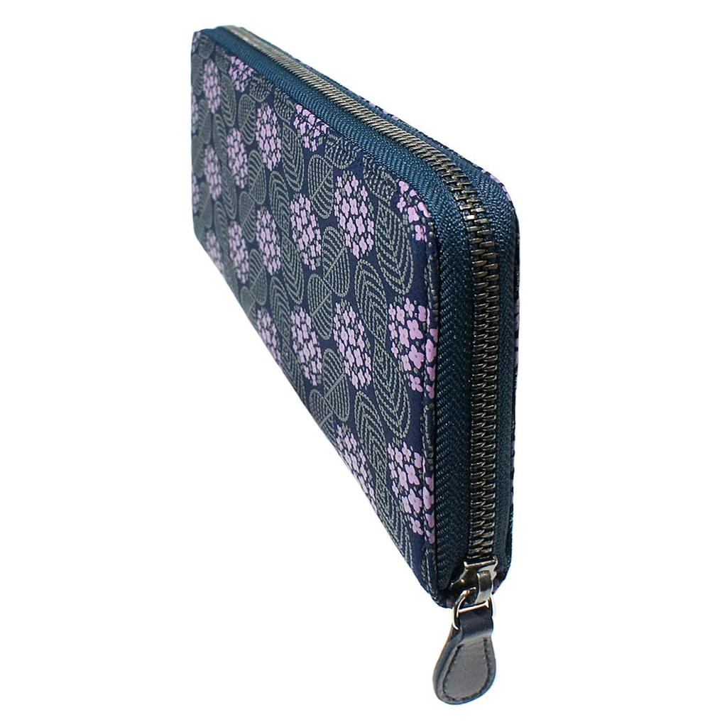 [Inden-ya] Inden Wallet, Long Wallet with Round Zipper, Deerskin Leather, Miso, Hydrangea Pattern, Navy Blue with Purple Chintz and Gray Lacquer, 8011