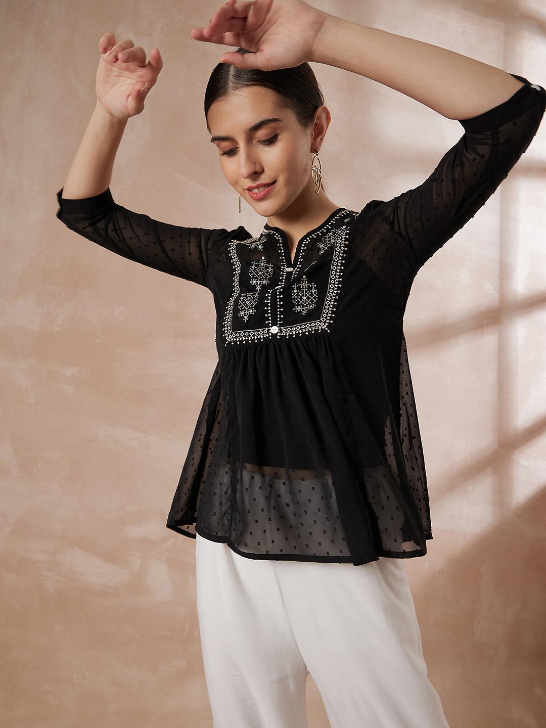 

Ethnic Motifs Embroidered Chiffon Tunic XXL чорний