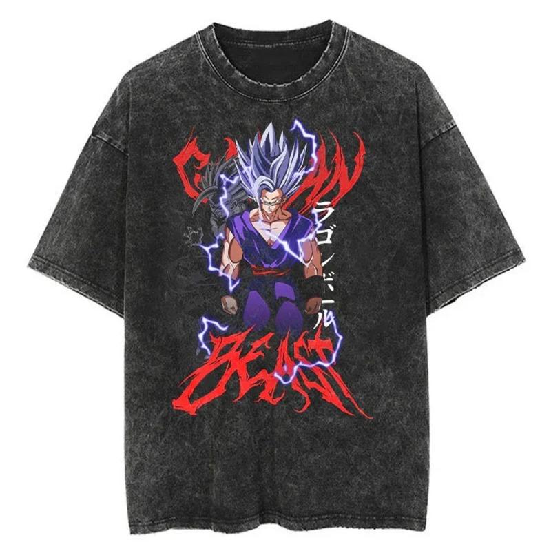 Hip Hop Streetwear Pánské Prané Tričko Dragon Ball Anime Grafické Nadměrné Tričko Léto Krátký Rukáv Bavlněné Tričko Vintage Top