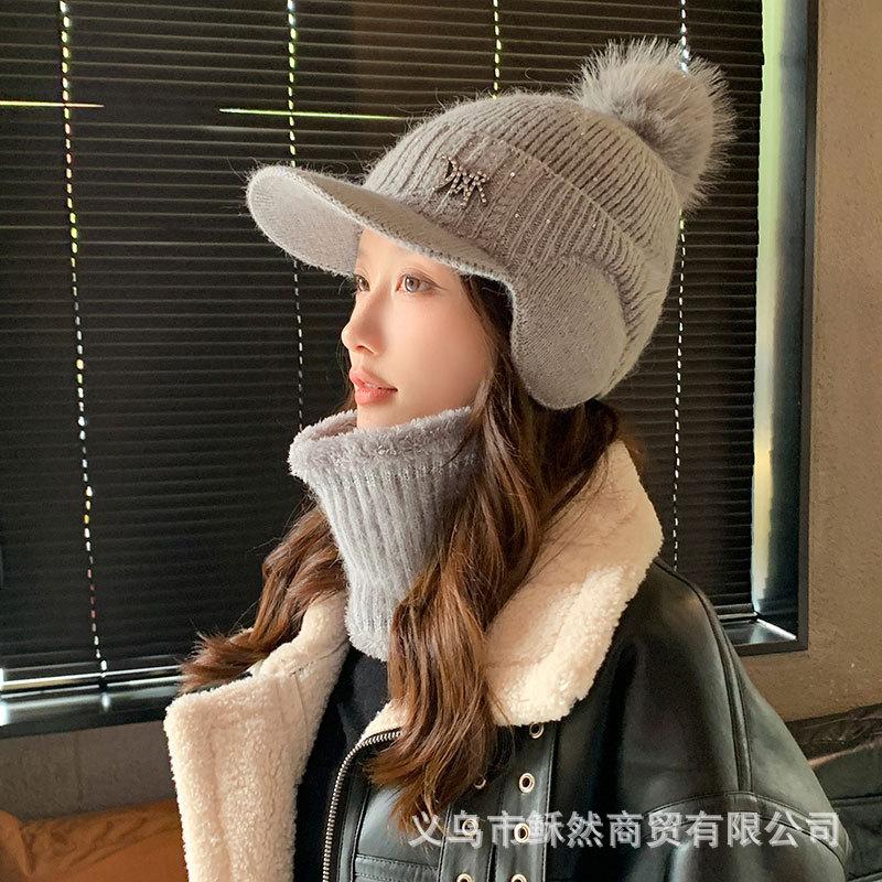 Hat autumn and winter new cold-proof knitted hat scarf set women's cycling thickened ear protectors warm wool hat