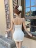 9823 Sexy Waist-Cinching Slimming Camisole Dress with Low-Cut Mesh Splice and Irregular Tight Bodycon Mini Skirt