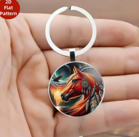 Round Pendant Keychain with a Running Horse Design