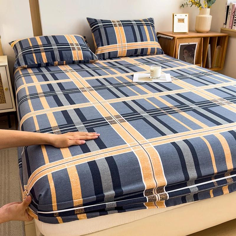 Blue Check 100% Cotton Fitted Sheet, Set Soft Thick Bed Cover with 2 Pillowcases, Hotel Luxurious Geometric Line Theme Bedding