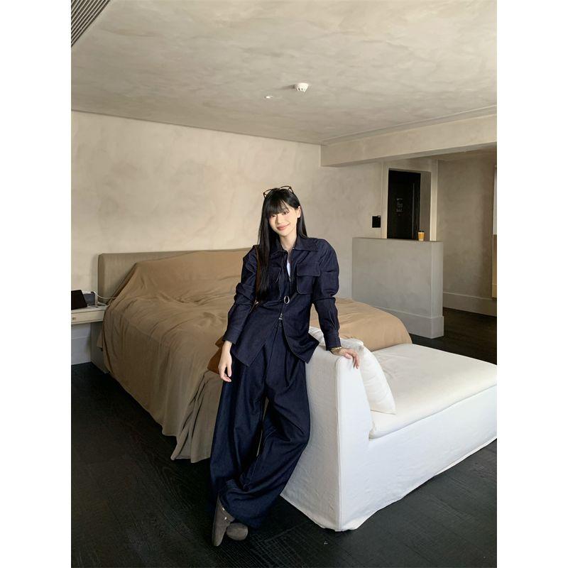 

Kumikumi Idle Style Set Loose Lapel Denim coat Women Autumn Slimming Versatile Wide Leg Pants Two-piece Set Pants L