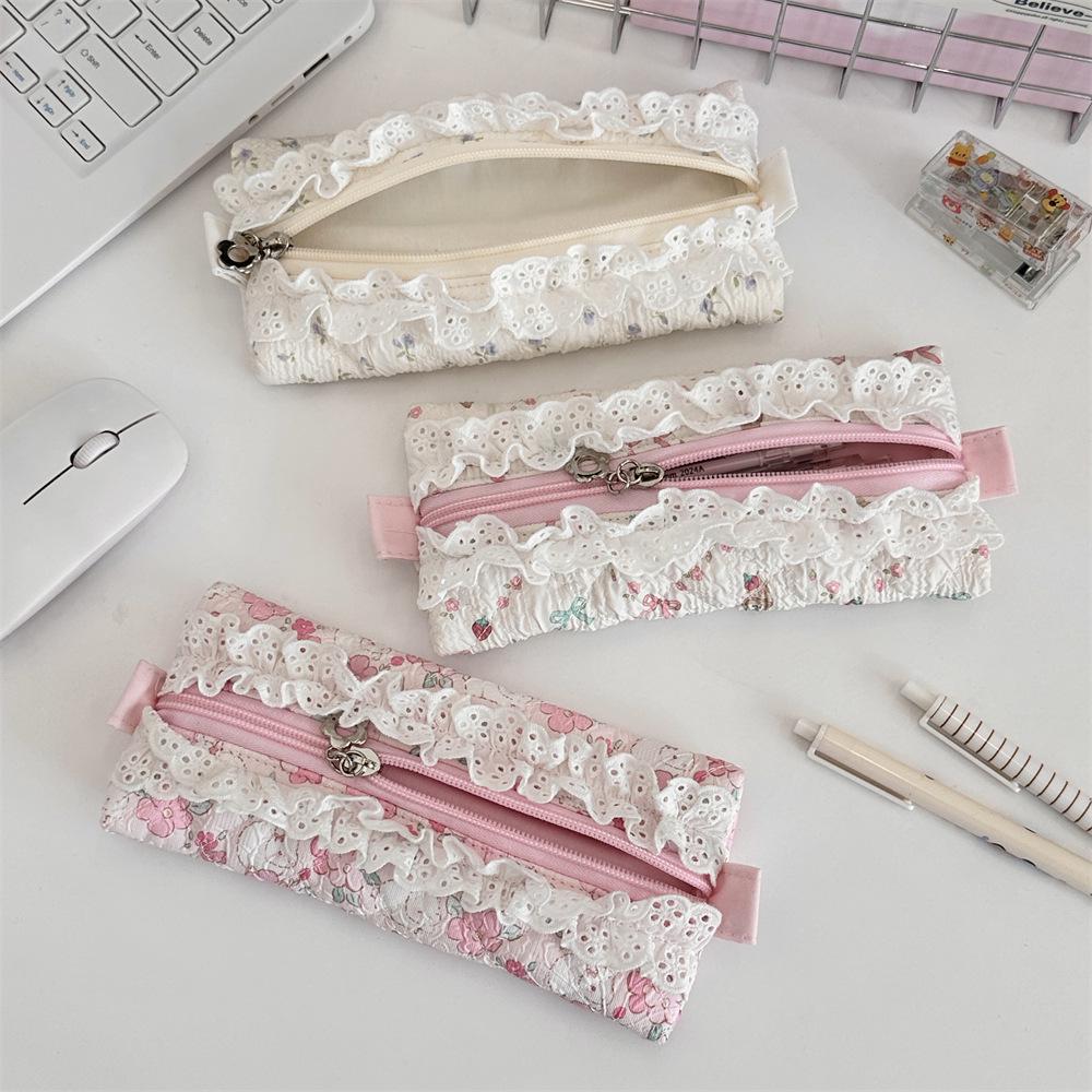 Floral Lace Quilted Pencil Case: Large Capacity, Portable Stationery Bag for Girls