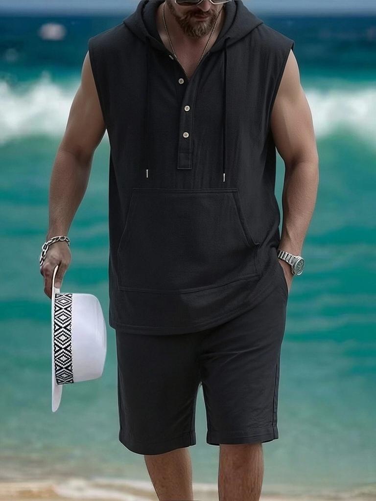 Mens Casual Loose Hooded Sleeveless Vest And Shorts Set